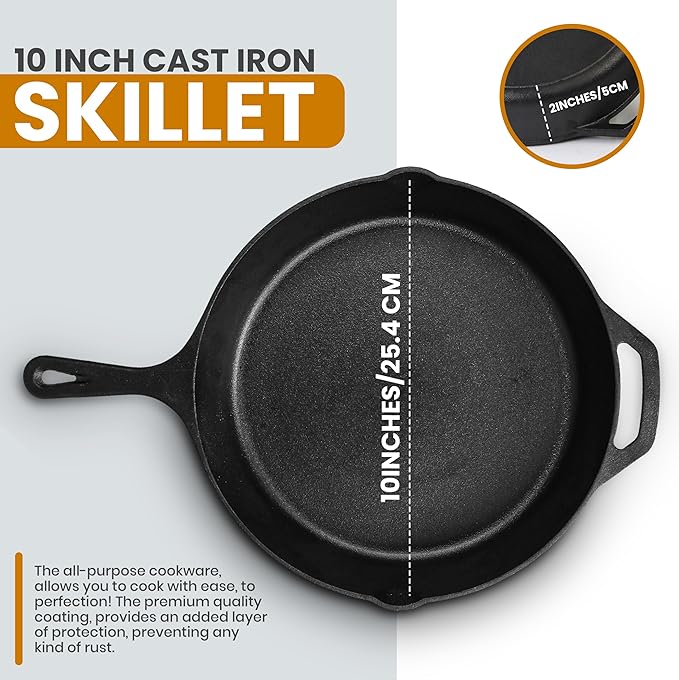 Utopia Kitchen Saute Fry Pan Pre-Seasoned Cast Iron Skillet With Lid, Frying Pan, Cast Iron Pan, Safe Grill Cookware for Indoor & Outdoor Use (1, Black, 10 Inch)