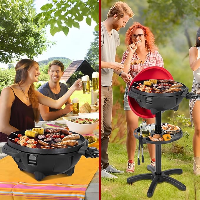 QPMR Electric Grill Outdoor/Indoor,Portable BBQ Grill with Nonstick Surface,200 Square Inches Indoor Electric Barburcue Grill with Adjustable Heat,Stand/Tabletop,for Patio/Yard/Home(Red)