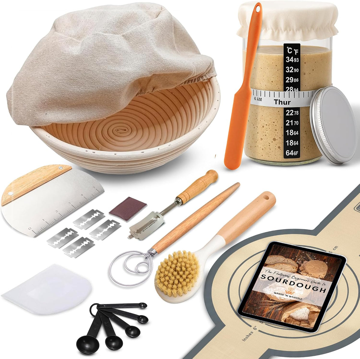 Complete Sourdough Starter Kit and Sourdough Bread Baking Supplies - Includes 9" Banneton Proofing Basket, 34oz Sourdough Starter Jar, Silicone Bread Sling, Scrapers, Bread Lame and Measuring Spoons