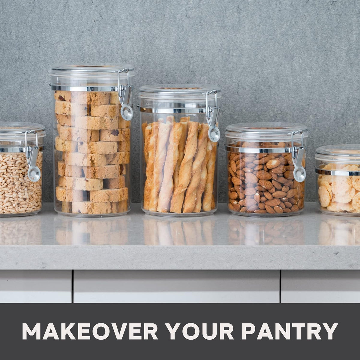 Oggi 4pc Clear Canister Set with Clamp Lids & Spoons - Airtight Food Storage Containers, Ideal for Kitchen & Pantry Storage of Bulk, Dry Food Including Flour, Sugar, Coffee, Rice, Tea, Spices & Herbs
