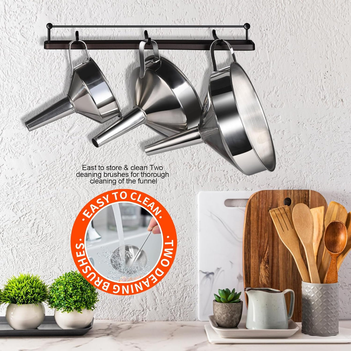 YGDZ Stainless Steel Funnel, 3PCS Kitchen Funnels for Filling Bottles Set, Large Food Grade Metal Funnel with 3pcs Removable Strainer, 2pcs Brushes, Funnels for Kitchen Use, Bottle Funnel for Liquid