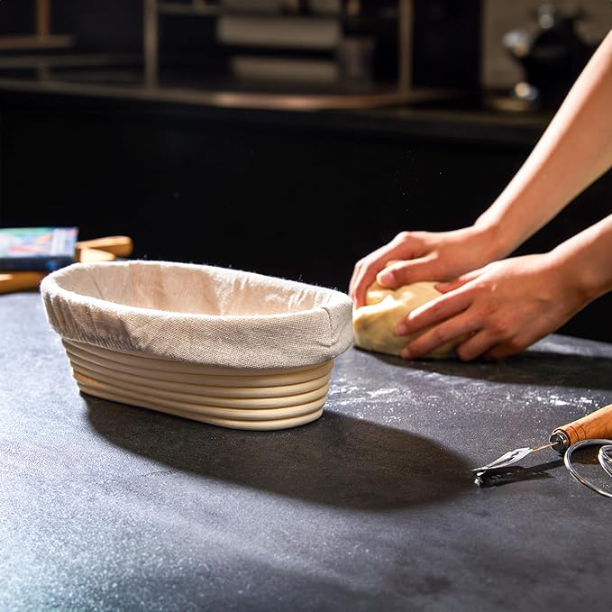 Sourdough Baking Supplies Set of 5, Oval 10 Inch Banneton Bread Proofing Basket with Bread Lame, Danish Dough Whisk with Stainless Steel, Dough Scraper Kit, Bowl Scraper – Baking Gift Kit