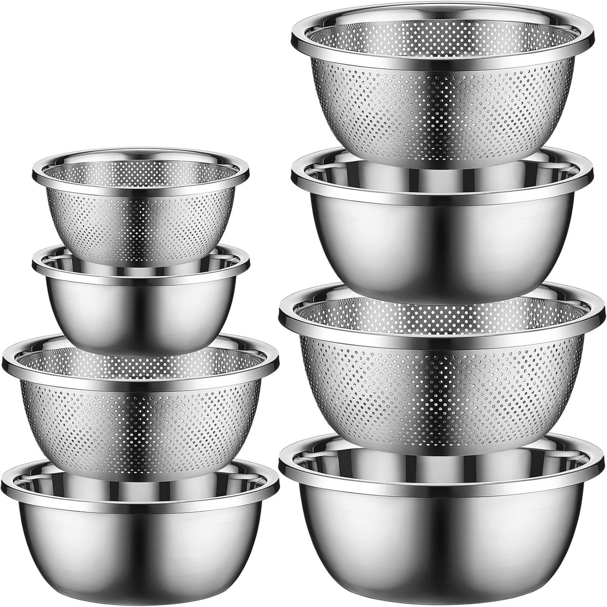 Uiifan 8 Pcs Stainless Steel Mixing Bowl with Stainless Steel Colander Rice Washing Colander Bowl Set Nesting Bowls for Washing Draining Storage(1.8/3.9/4.9/6.6 QT)
