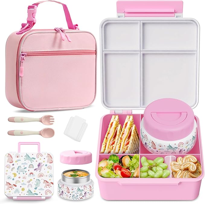 Bento Box for Kids with Thermo Food Container (9oz), 4-Compartment Lunch Box, Adjustable Divider, Leakproof Bento Lunch Box, Includes Utensils & Carry Bag for School, Office(White-Horse)
