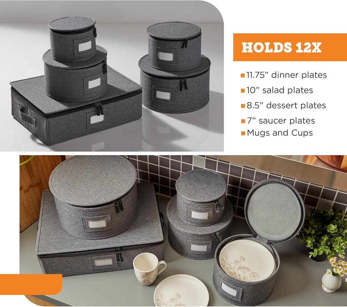 storageLAB China Storage Containers, Hard Shell Case with Felt Dividers for Charger Plates, and Dishes, Ideal for Kitchen Organization, Moving Supplies, and Fine China Storage - 5-Piece Set, Gray