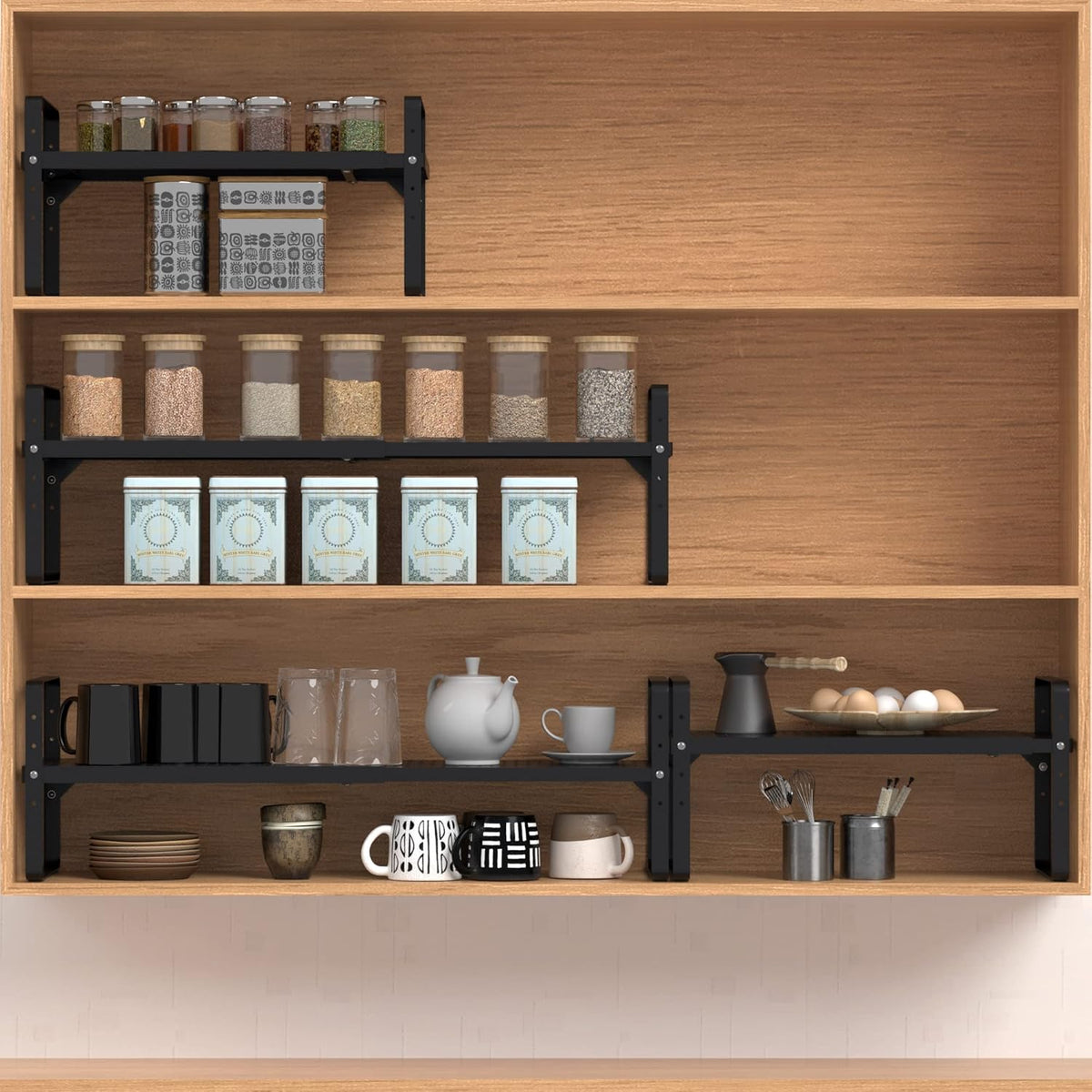 Expandable Cabinet Shelf Organizer Adjustable Metal Spice Rack Stackable Freestanding Counter Storage Shelves for Kitchen Cabinet Under Sink Office Desk (Black - 2Pack - L16.5-27'' * W10.2'' * H9.6'')