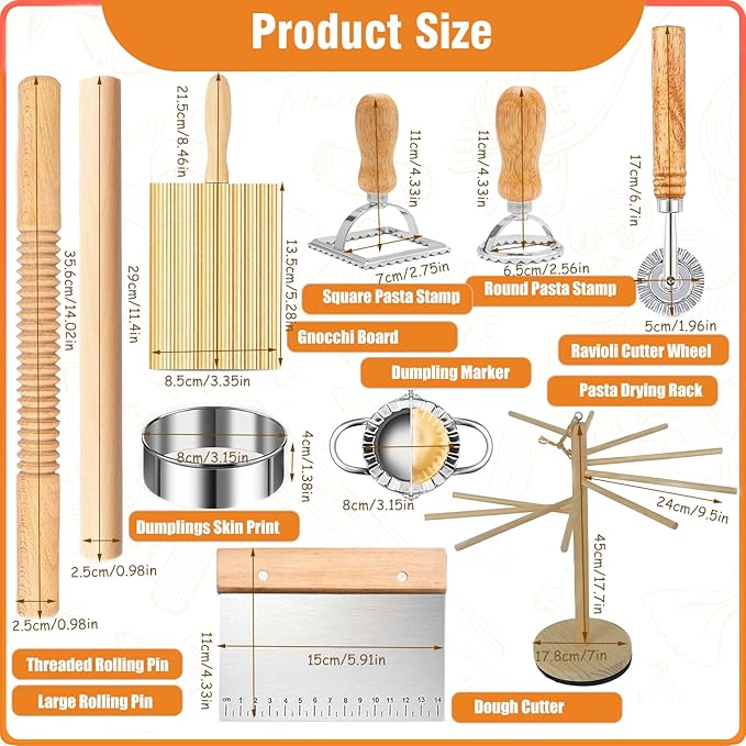 10 Pcs Pasta Making Tools, Pasta Making Kit with Pasta Drying Rack,2 Rolling Pins,Gnocchi Board,Pasta Cutting Tools,2 Ravioli Makers,Making Dumplings.All-in-One Pasta Making Accessories for Home