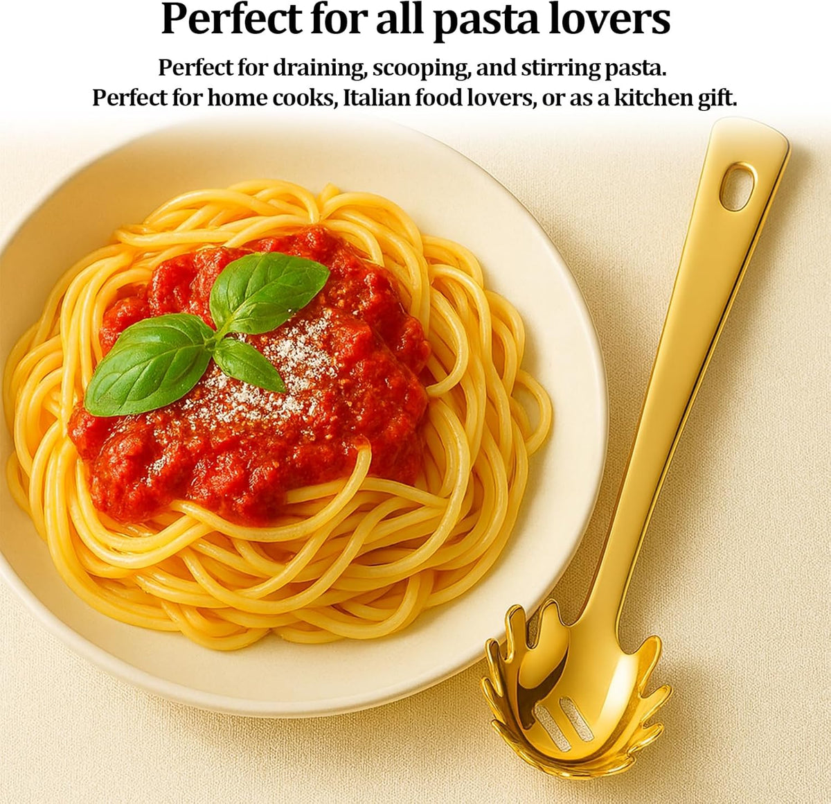 Stainless Steel Pasta Spoon with Teeth Pasta Server & Spaghetti Spoon with Drain Holes for Noodles, Pasta, Cooking & Serving (Gold)