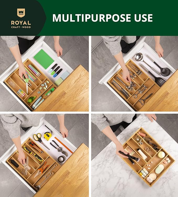 ROYAL CRAFT WOOD Luxury Bamboo Utensil Rack and Silverware Organizer, Kitchen Drawer Organizer - Utensil Holder and Cutlery Tray with Grooved Drawer Dividers for Flatware 7 Slot, Natural