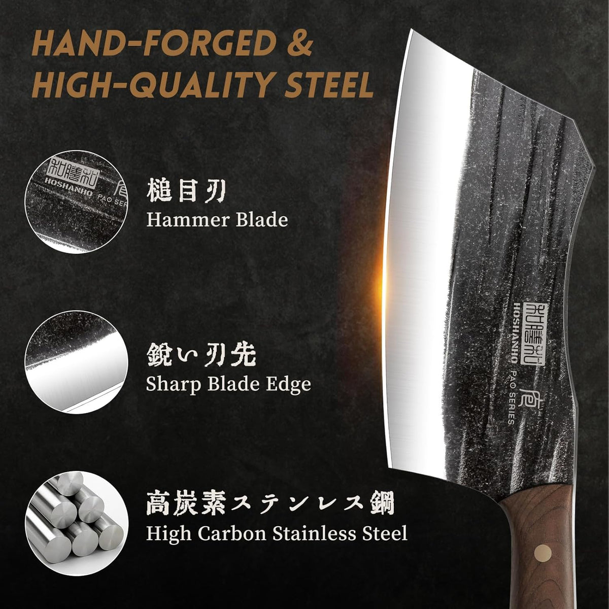 HOSHANHO Butcher Knife Set, 3-Piece High Carbon Steel Serbian Chef Knife Set of Heavy Duty Boning Knife & Meat Cleaver Knives & Viking Knives for Home, Cooking, Outdoor Camping BBQ