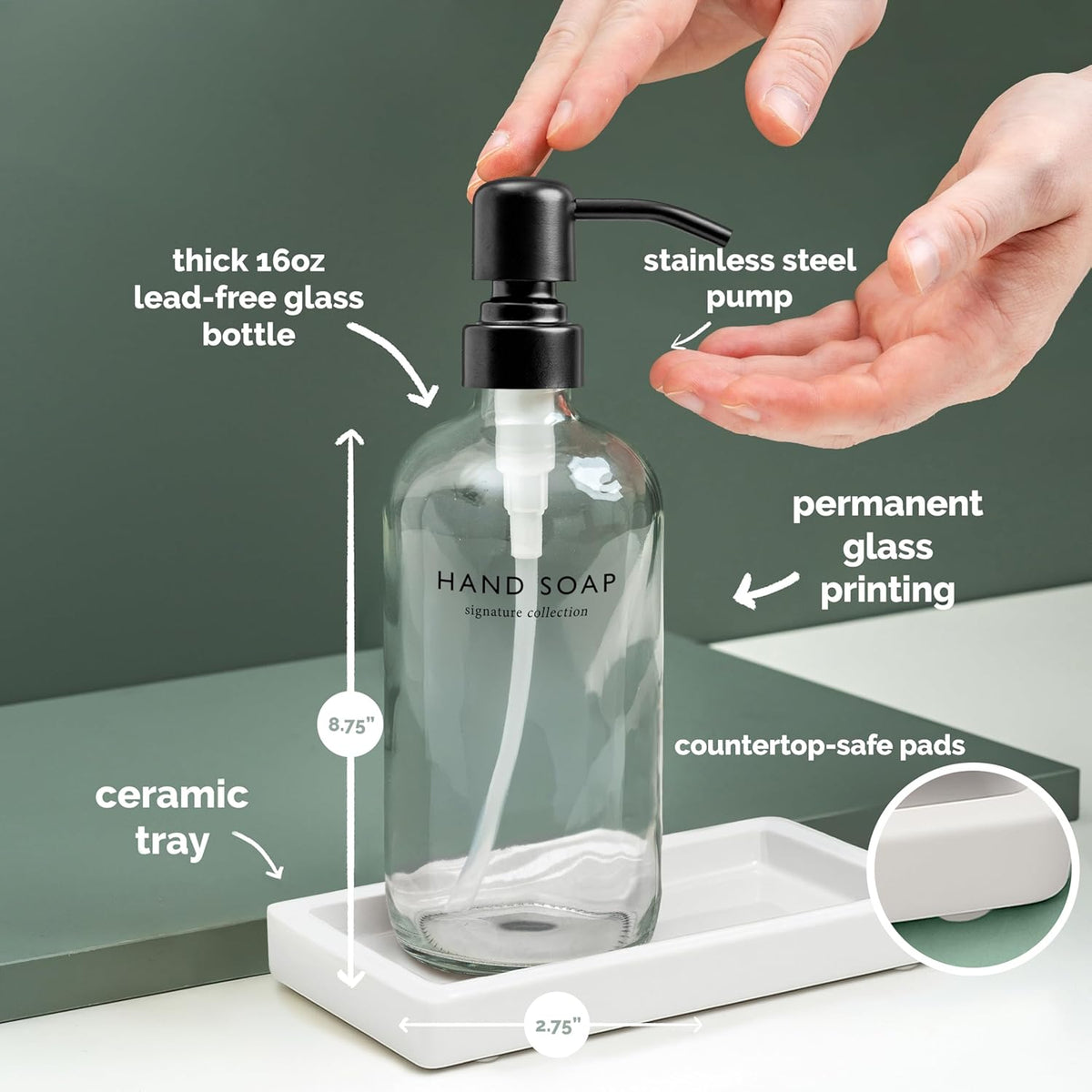 Vine Creations Glass Soap Dispenser Set, Kitchen Soap Dispenser Set with Ceramic Tray, 16 oz Dish Soap and Hand Soap Dispensers with Stainless Steel Pump Decor (Clear Bottle/Matte Black)