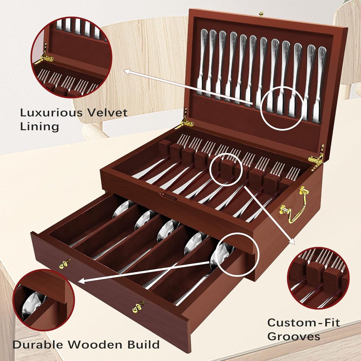 Silverware Storage Box Solid Wood with Lid, 2 Layer Silverware Storage Chest, 15.5'' ×11.5'' Silverware Organizer with Handle and Felt Lined, Chest for Flatware Setting Up 30