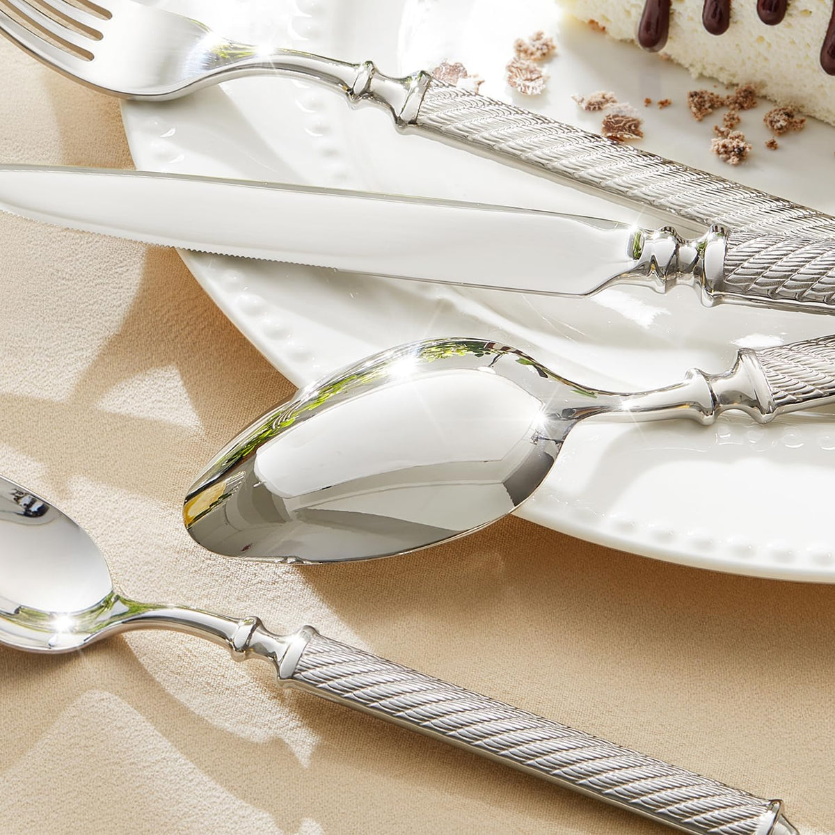 KINGSTONE Retro Rope-Pattern Silverware Set, 20-Piece Flatware Set Cutlery Set Forged with Handcrafted Texture Handles 18/10 Stainless Steel, Dishwasher Safe