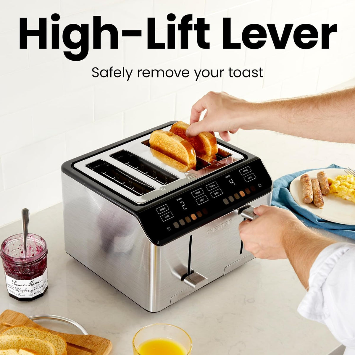 Chefman Smart Touch 4 Slice Digital Toaster, 6 Shade Settings, Touchscreen Bagel Toaster 4 Slice with Extra-Wide Slots, +10 Seconds, Defrost, Removable Crumb Tray – Stainless Steel