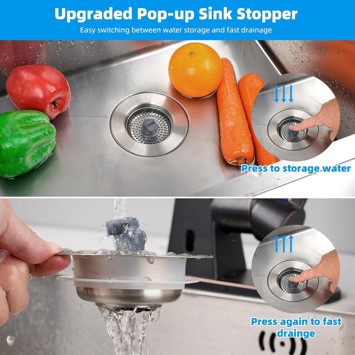 Hibbent 3 in 1 Kitchen Sink Drain Strainer, Stainless Steel Drain Stopper Combo, Pop Up Sink Stopper, Anti-Clogging Metal Basket Strainer with Handle for US Standard 3-1/2" Drain