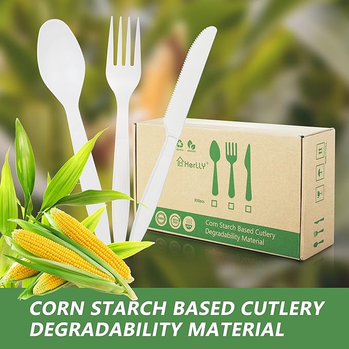 Compostable Forks,300 Disposable Forks for Party,Large Biodegradable Forks Eco Friendly Durable and Heat Resistant,Alternative to Plastic Forks