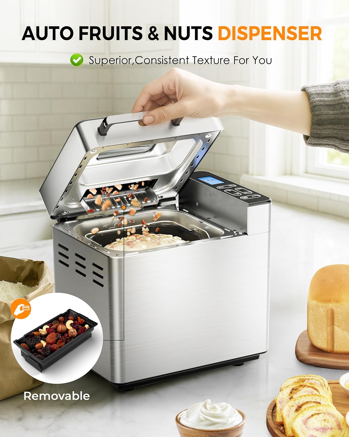 EUHOMY Bread Maker Machine 13 Program 2LB Bread Maker, Bread Machine with 3 Loaf Sizes and 3 Crust Colors, Breadmaker with Fruit & Nut Dispenser,Ideal for Family Gifts, Gluten Free