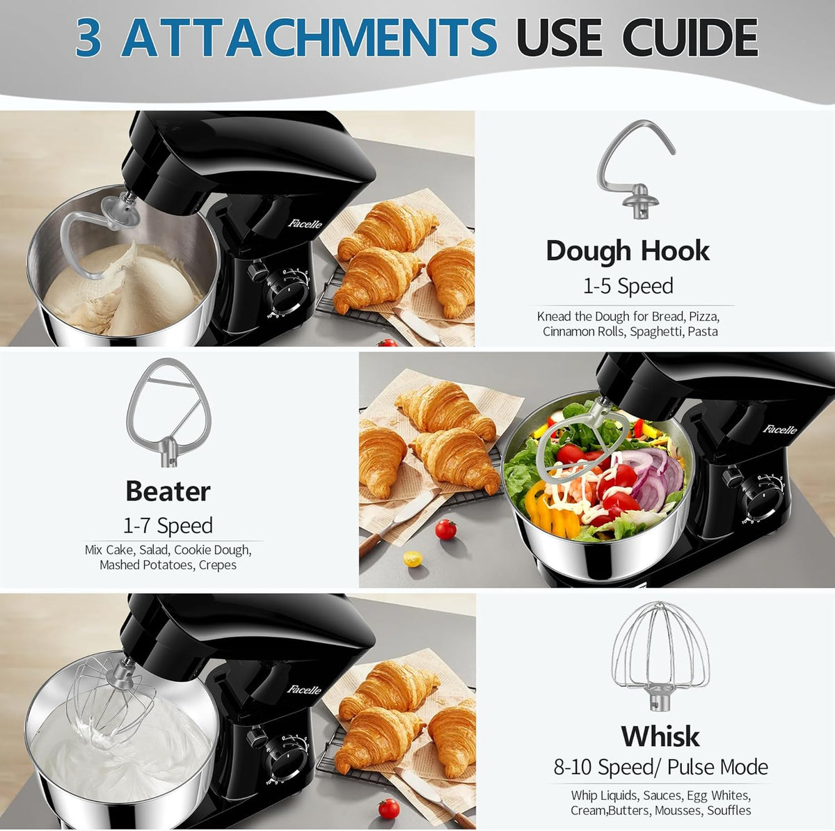 Facelle Stand Mixer, 10-Speed 6QT Kitchen Electric Mixer, Tilt-Head Food mixer with Beater, Dough Hook, Wire Whip and Egg Separator, scraper for Most Home Cooks - Black