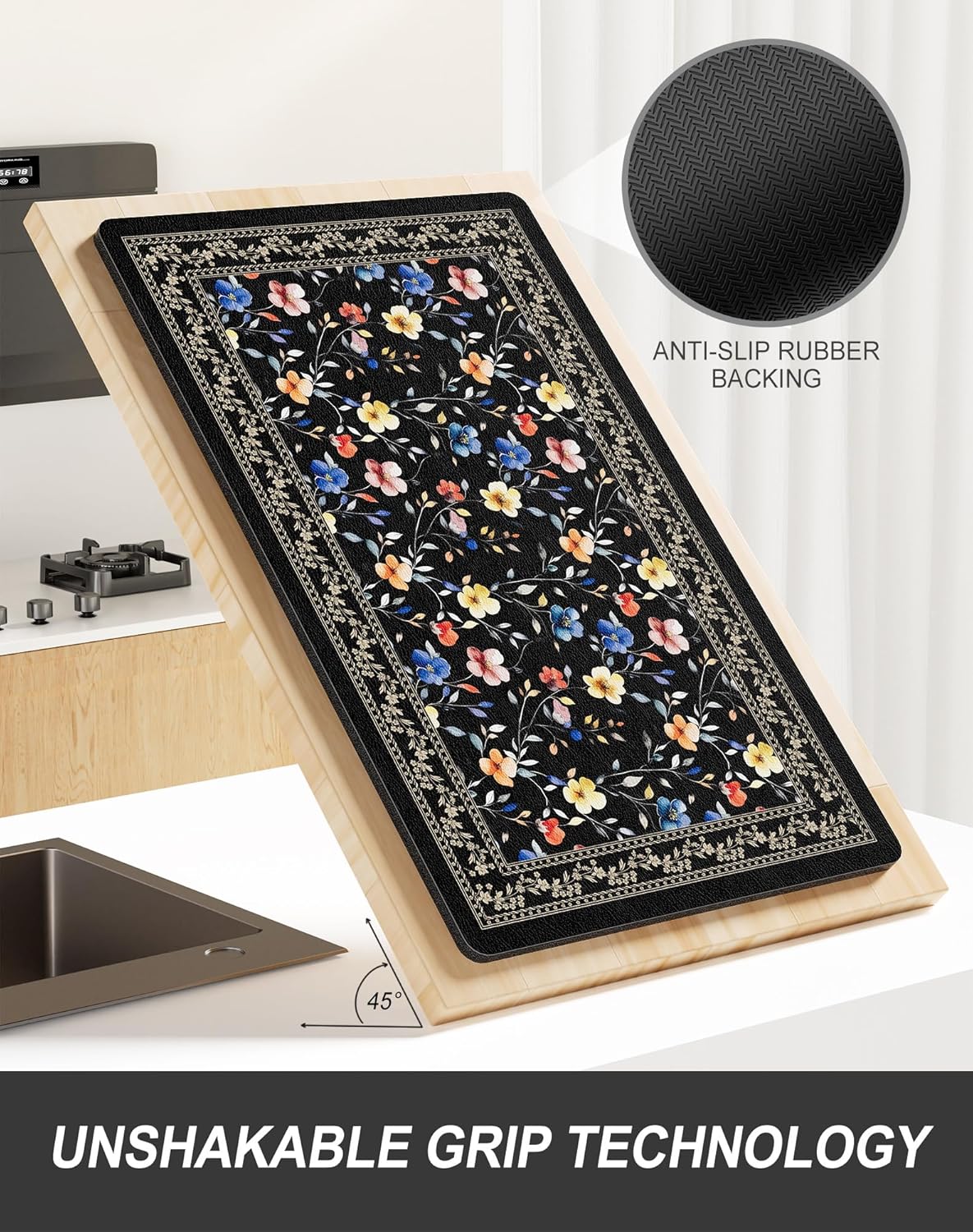 Rnivvi Dish Drying Mat for Kitchen Counter, 12 x 19" Cute Flower Theme Super Absorbent Draining Pad, Non-Slip Heat Resistant Coffee Bar Mat for Coffee Machine Station Accessories, Retro Dish Rack Pad