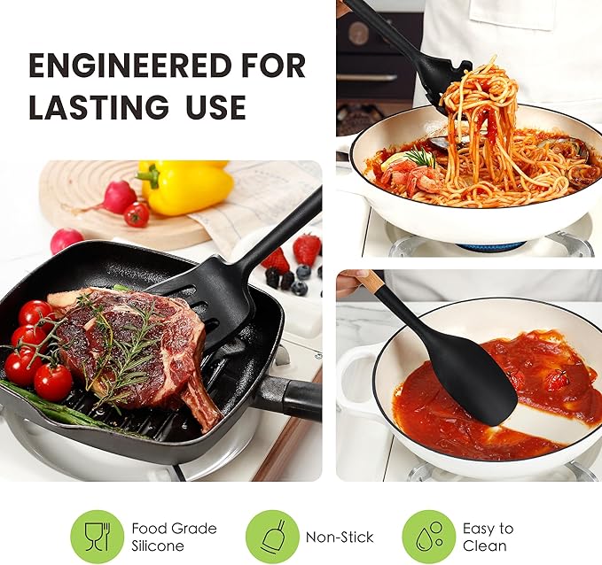Large Silicone Cooking Utensils Set 7 Pcs, Wooden Handles Heat Resistant Spatula Set, Food Grade Silicone Kitchen Utensils Set with Holder, Gadgets BPA Free for Non-Stick Cookware