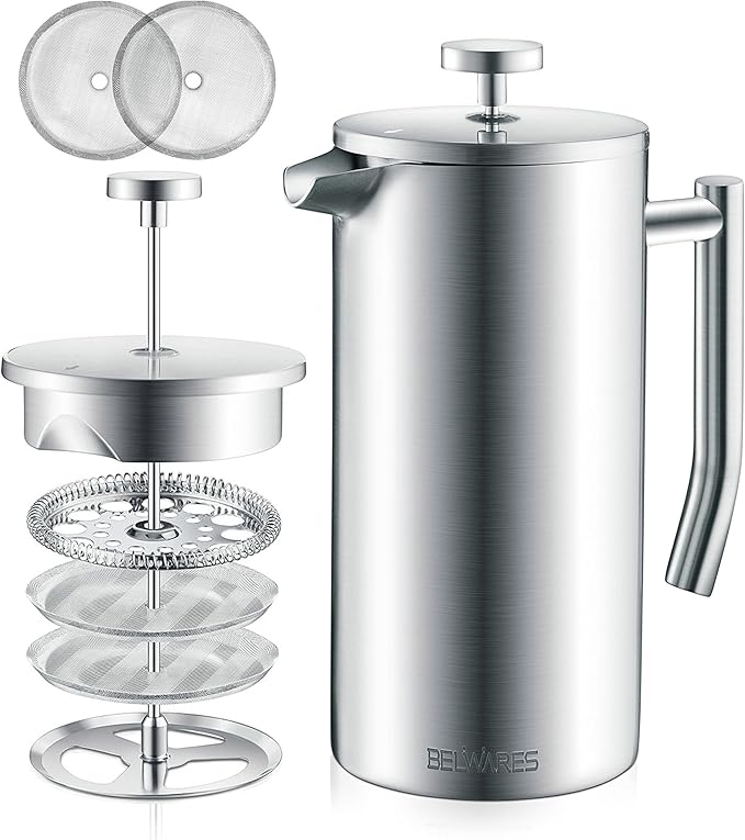 Belwares French Press Coffee Maker 34oz - 304 Stainless Steel Insulated Coffee Press, Double-Wall Heat Resistant Design with 4-Level Filtration System, Rust-Free & Dishwasher Safe (1.5 Liter), Silver
