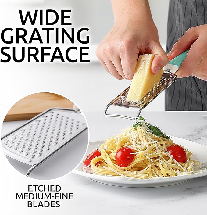 Zulay Kitchen Professional Cheese Grater Stainless Steel - Durable Rust-Proof Metal Lemon Zester Grater With Handle - Flat Handheld Grater For Cheese, Chocolate, Spices, And More - Mint
