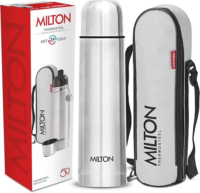 Milton Thermosteel Flip Lid 750, Double Walled Vacuum Insulated Thermos 750 ml | 25 oz | 24 Hours Hot and Cold Water Bottle with Cover, Stainless Steel, BPA Free, Leak Proof | Silver