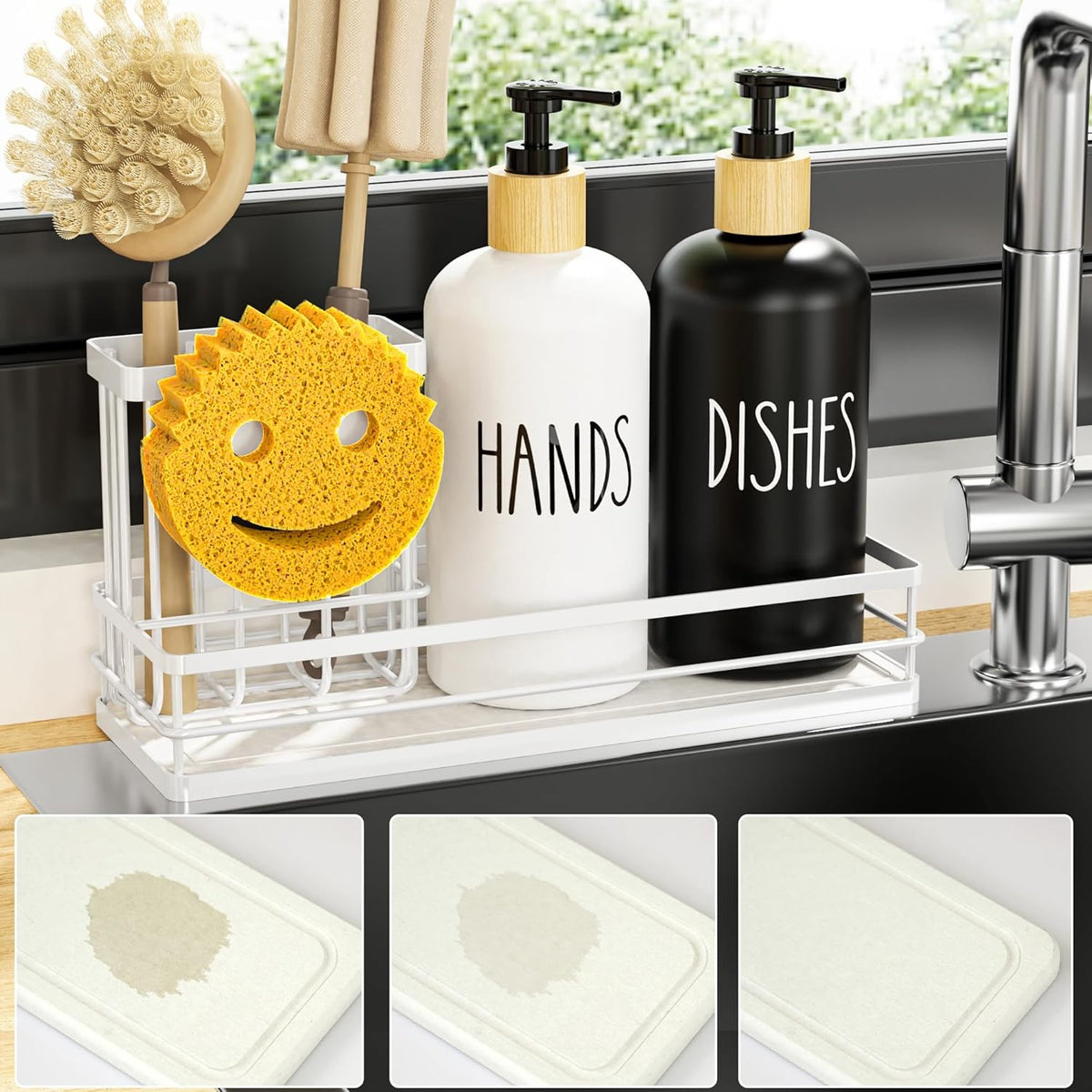 Moforoco Kitchen Dish Soap Dispenser Set, 16OZ Glass Bottle, Hand and Dish Soap Dispenser Set, Instant Dry Tray, Non-Slip Silicone Pad, Brush Holder with Smiley Face Sponge Holder, Kitchen Decor