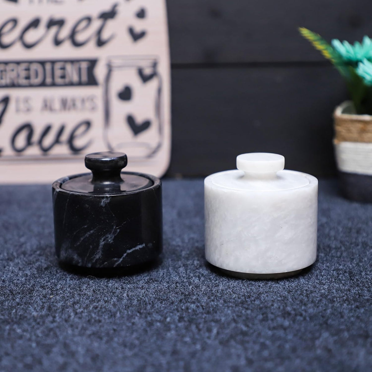 Marble Salt Cellar With Lid- Pack Of 2 Marble Salt And Pepper Bowls- Salt Holder With Lid To Put Salt, Paprika, Pepper, And Spice (White & Black, Style 01)