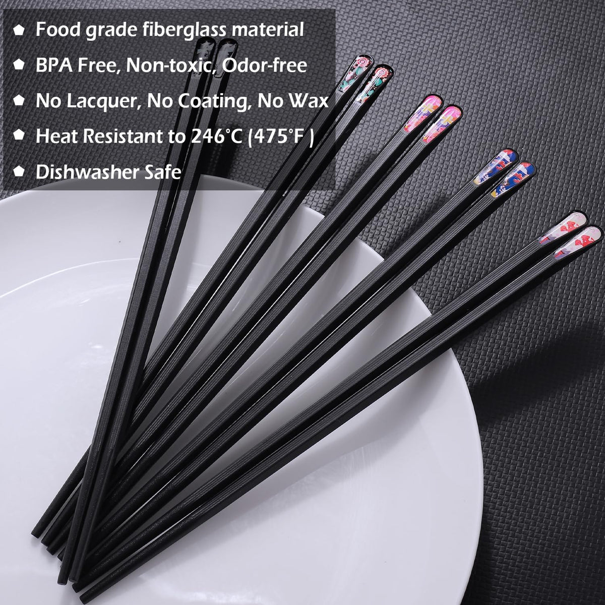 GLAMFIELDS 5 Pairs Premium Chopsticks Reusable Dishwasher Safe 9.5 Inch Fiberglass Chop Sticks Gift Set Hexagon Black Non Slip with the Printed Tops
