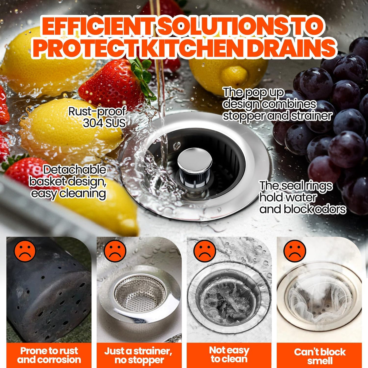 Kitchen Sink Drain Strainer & Sink Stopper, Upgraded Stainless Steel Drain Plug Combo with Anti-Clog Basket, Pop Up Drain Cover for Standard 3-1/2'',Garbage Disposal Parts
