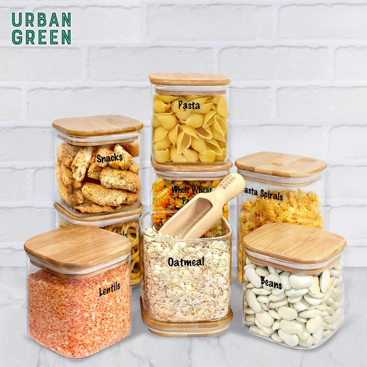 Urban Green Glass Jars with Airtight Lids, Airtight Glass Canisters with Locking Lids, (Bamboo-6P-24oz)
