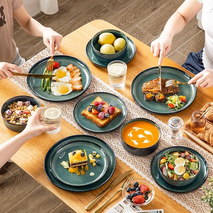 vancasso Starry 18 Pieces Dinnerware Sets for 6, Green Reactive Glaze Dishes Sets, Ceramic Plates and Bowls Set, Dinner Salad Dessert Plates, and Cereal Bowls Set, Dishwasher and Microwave Safe