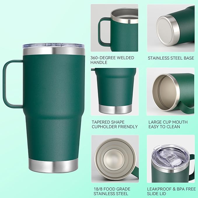 20 oz Stainless Steel Tumbler with Handle Bulk Metal Insulated Tumblers Travel Coffee Mug with Handle Double Wall Tumbler Cup with Lid and Straw, Dark Green 6 Pack