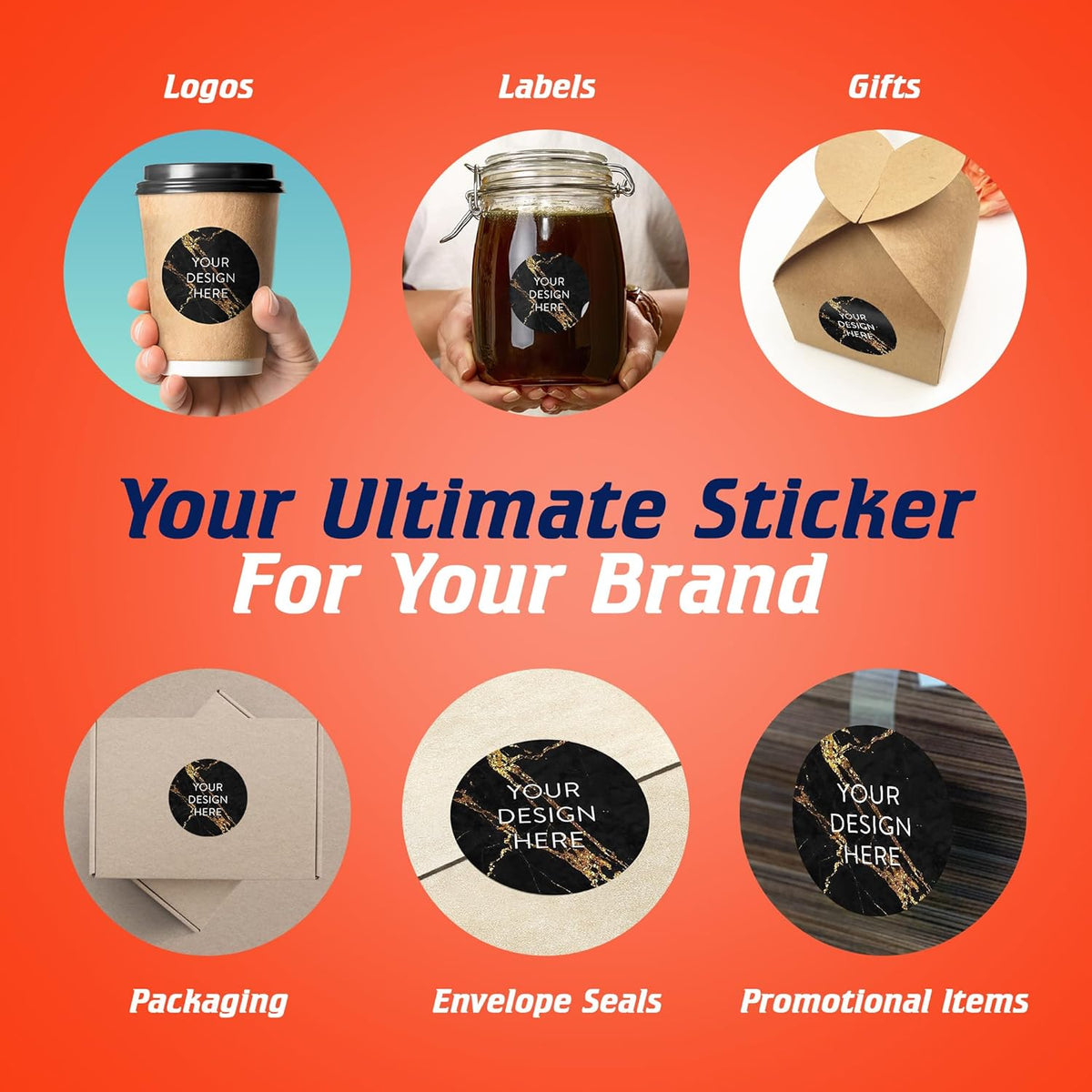 100 Custom Vinyl Stickers - Upload Your own Image, Text, Design, Logo - Personalized Logo Labels for Handmade, Packaging, Bottle, Jars, Candle, Brand Stickers (Black Gold Marble, 2x2)