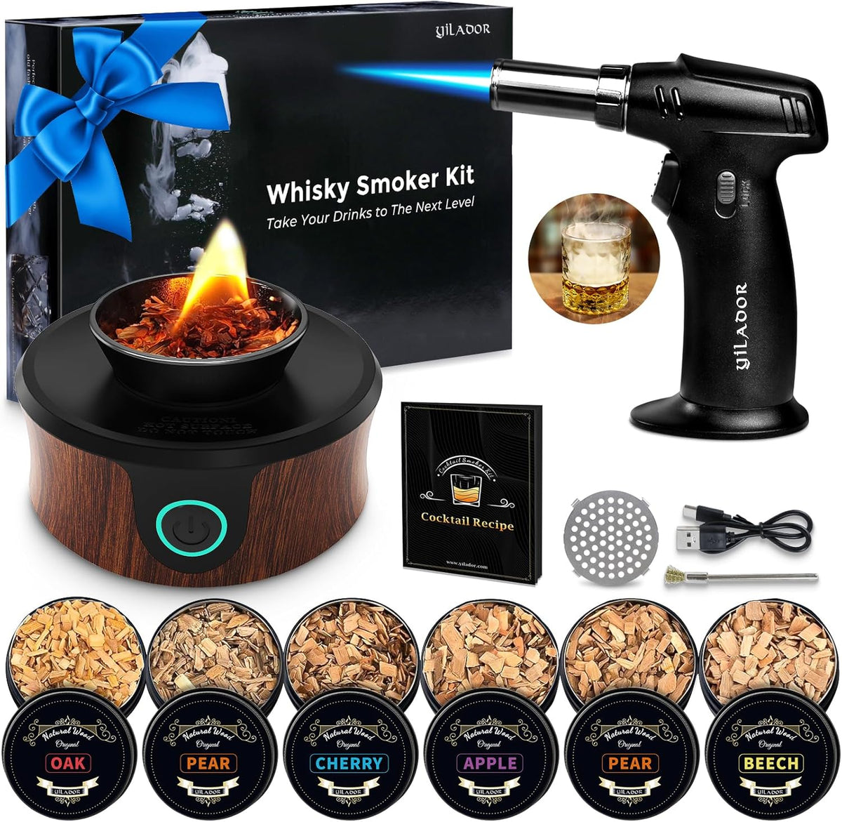 Electric Whiskey & Cocktail Smoker Kit with Torch – Built-in Fan, 6 Wood Chips, Old Fashioned & Whiskey Drink Smoker, Ideal Gift for Dad & Men (Butane Not Included)