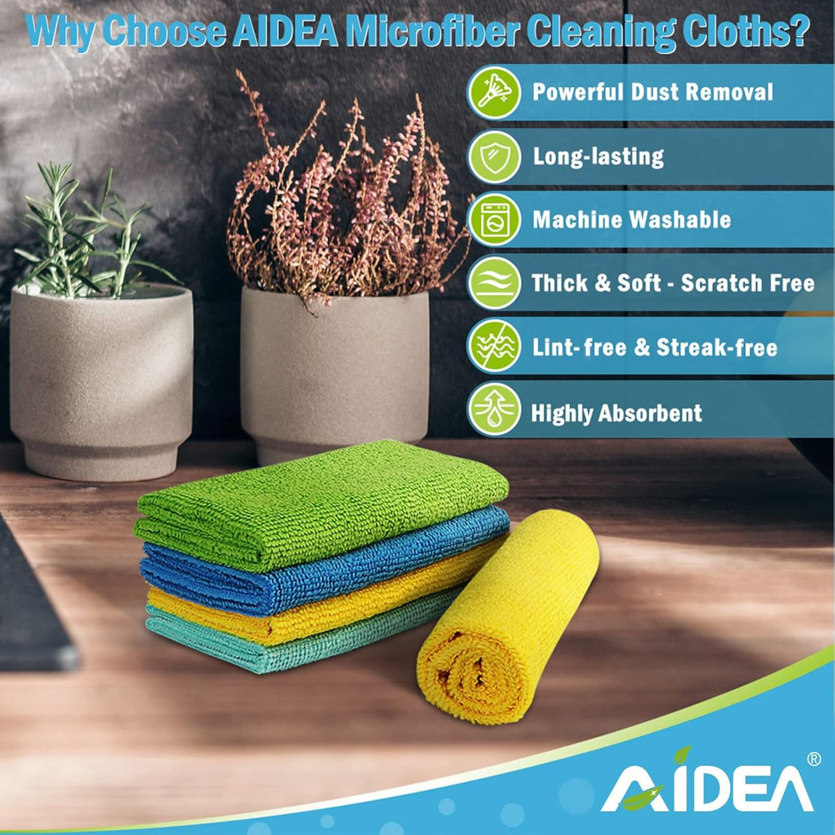 AIDEA Microfiber Cleaning Cloth, 100PK, Soft Absorbent Rags, Microfiber Towels for Cars, Kitchen Towels, Dusting Cloth for Home, Window, Cleaning Supplies, 12"×12"