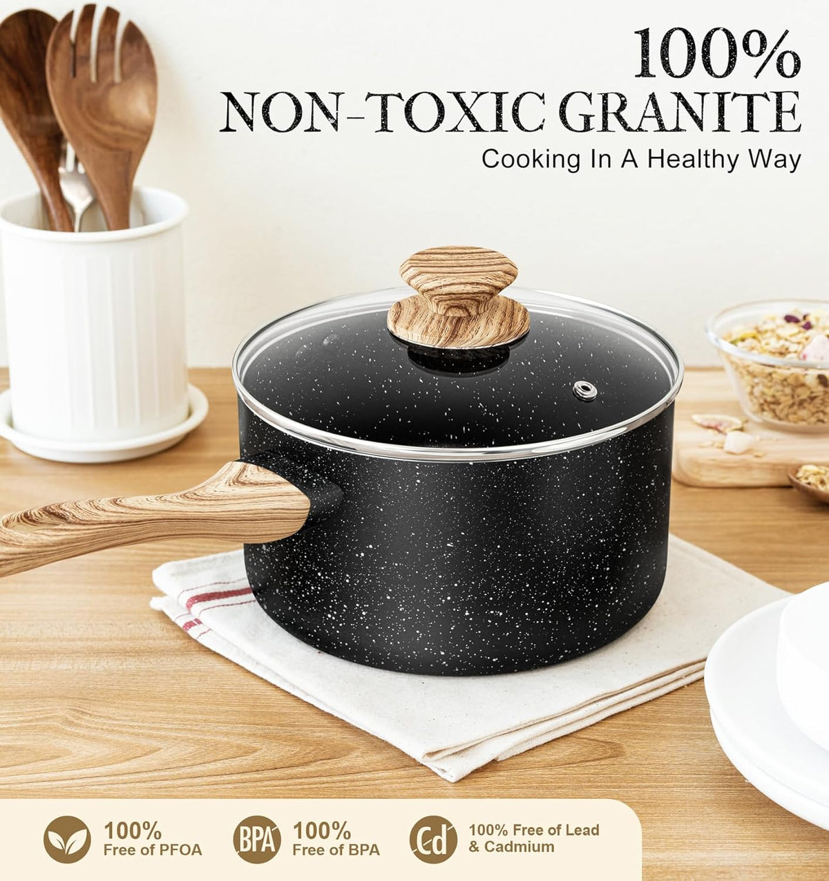 MICHELANGELO 3 Quart Saucepan with Lid, Nonstick Sauce Pan with Lid, Small Sauce Pot, Granite Coating Sauce Pan 3 Quart, Non Stick Stone Pot with Ergonomic Bakelite Handle