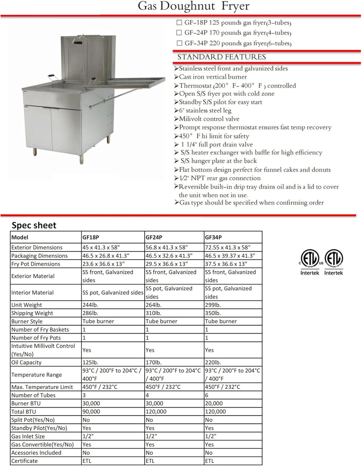 Commercial Gas Donut Fryer, 170lb Capacity, 4-Tube Burner, Stainless Steel, ETL Certified, 41.3 x 56.8 inch GF-24P