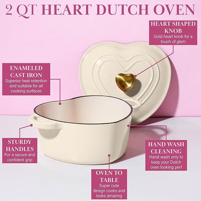 Paris Hilton Enameled Cast Iron Dutch Oven Heart-Shaped Pot with Lid, Dual Handles, Works on All Stovetops, Oven Safe to 500°F, 2-Quart, Cream