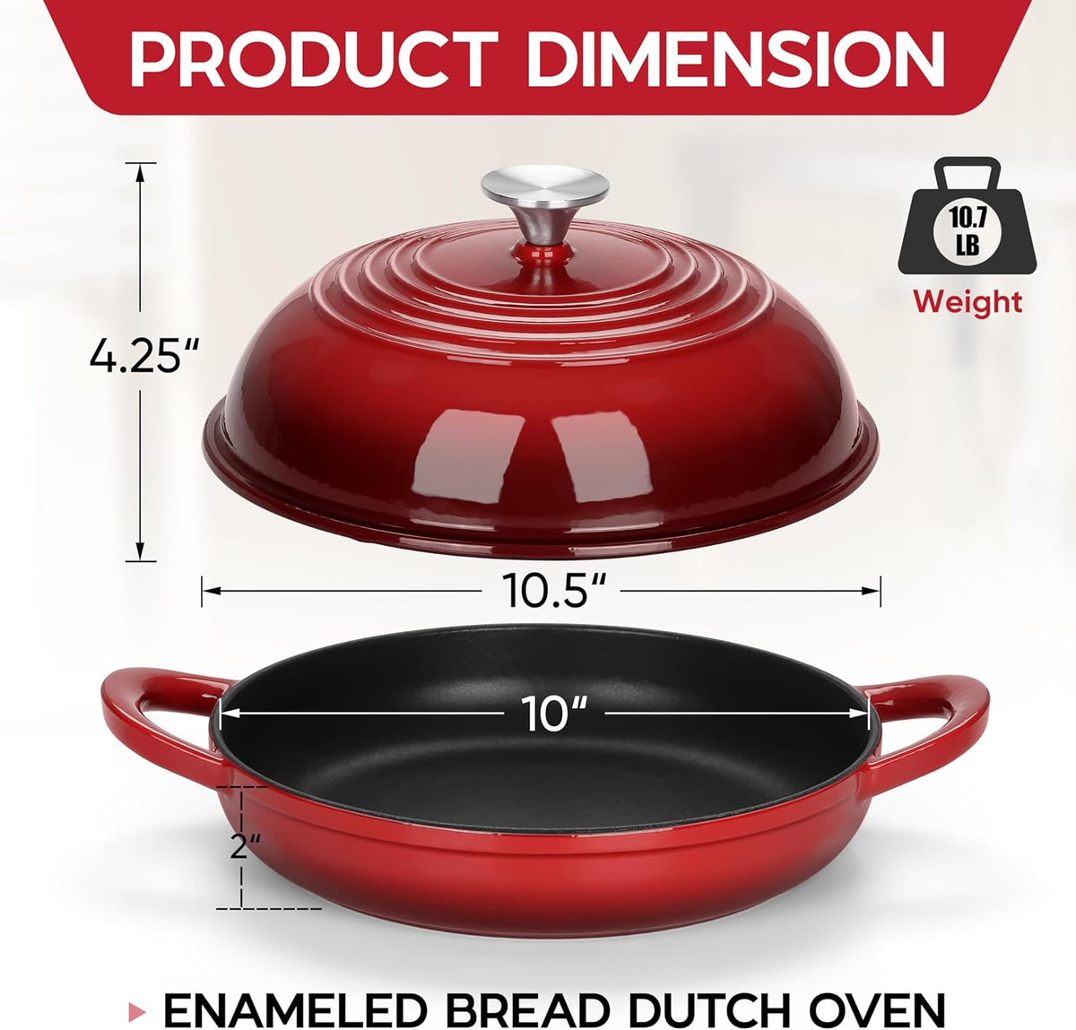 E-far Dutch Oven for Sourdough Bread Baking, 6 Qt Round Enameled Cast Iron Dutch Oven for Homemade Artisan Bread, Dome Lid & Shallow Base, Matte Black Interior & Durable, Oven-Safe to 500℉, Red