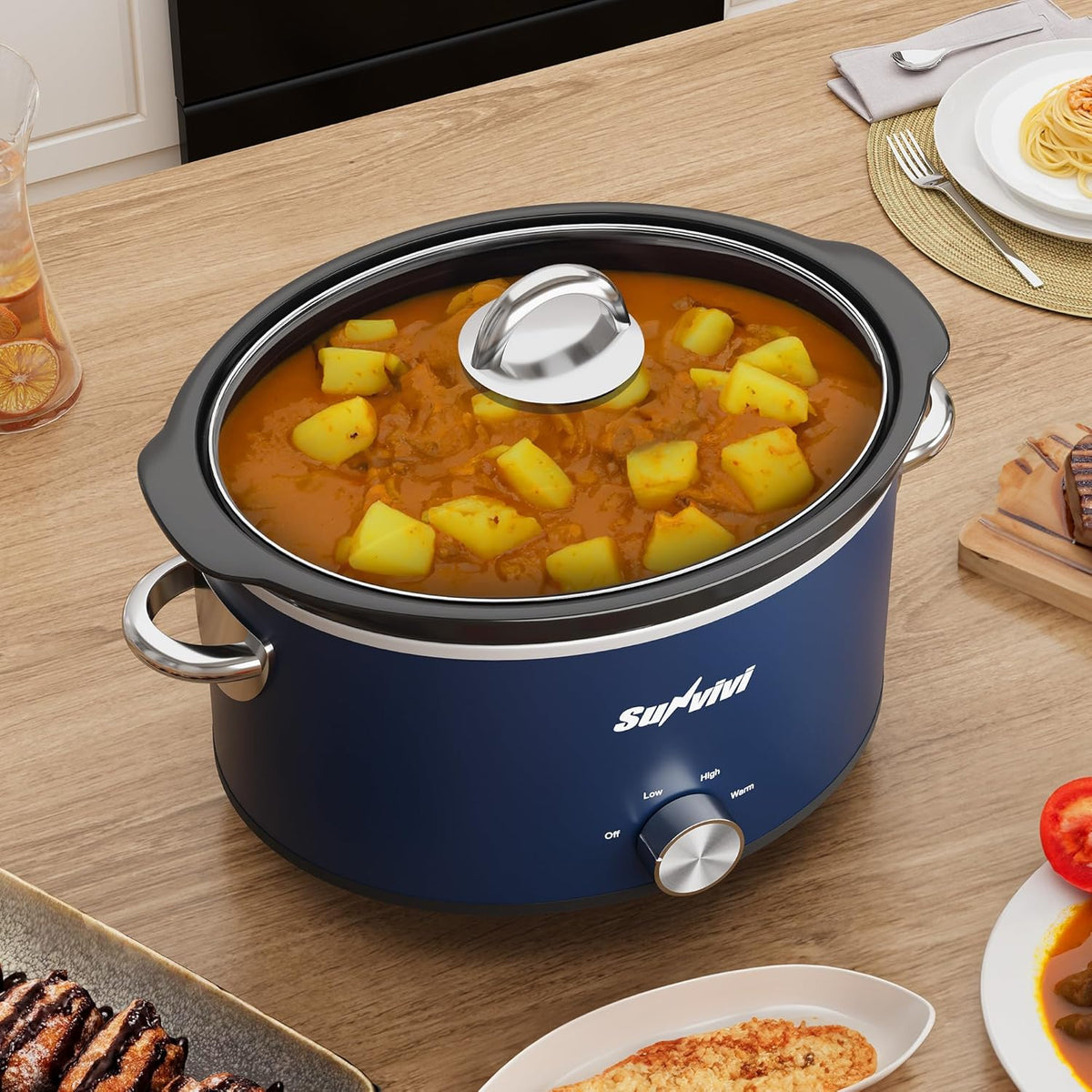 Sunvivi 4 Quart Slow Cooker & Mini Food Warmer with 3 Heating Settings, Removable Ceramic Pot, Dishwasher Safe Glass Lid, Stainless Steel, Blue