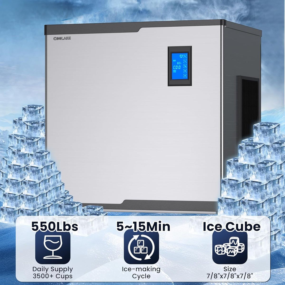 Coolake Commercial Ice Machine 550lbs/24H, 22 Inch Air Cooled Stainless Steel Industrial Ice Maker, Modular Ice Cube Machine for Restaurant Hotel, DOE ETL Listed, Self-Cleaning - Head Only