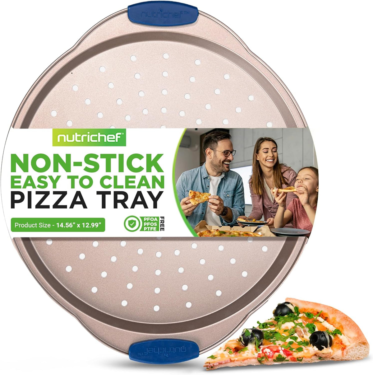 NutriChef 13-Inch Non-Stick Pizza Tray - with Silicone Handle, Round Steel Non-stick Pan with Perforated Holes, Premium Bakeware, Pizza Tray with Extended Handles, Dishwasher Safe - Champagne Gold