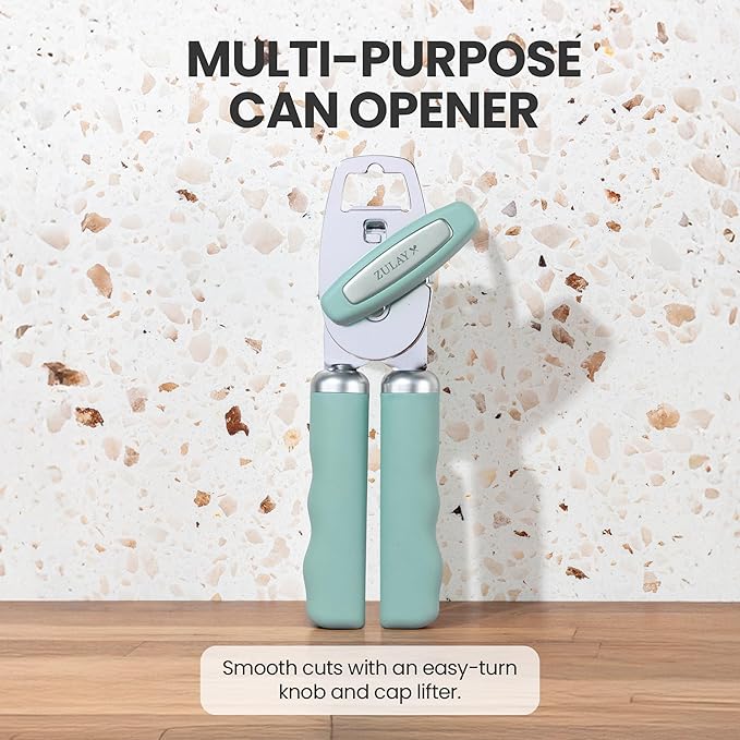 Zulay Kitchen Heavy Duty Stainless Steel Can Opener Manual with Bottle Opener - Rust Proof Manual Can Opener With Turn Knob & Comfy Soft Grip Handles - Mint