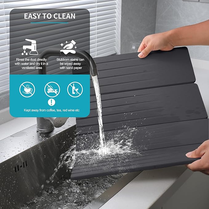 Extral Large Quick Dry Stone Drying Mat for Kitchen Counter,28x16 Inch Collapsible Eco-Friendly Absorbent Diatomaceous Earth Mat for Dishes Cups (Deep Gray-Upgraded Version, 16x12 inch)