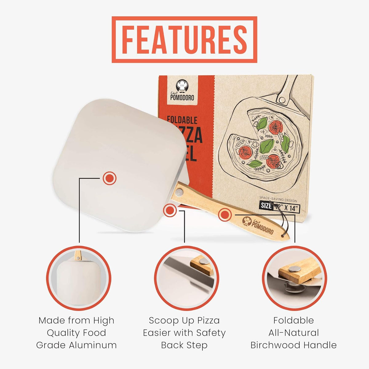 Chef Pomodoro Aluminum Metal Pizza Peel with Foldable Wood Handle for Easy Storage, Pizza Spatula, Gourmet Luxury Pizza Paddle for Baking Homemade Pizza Bread (12 inch)