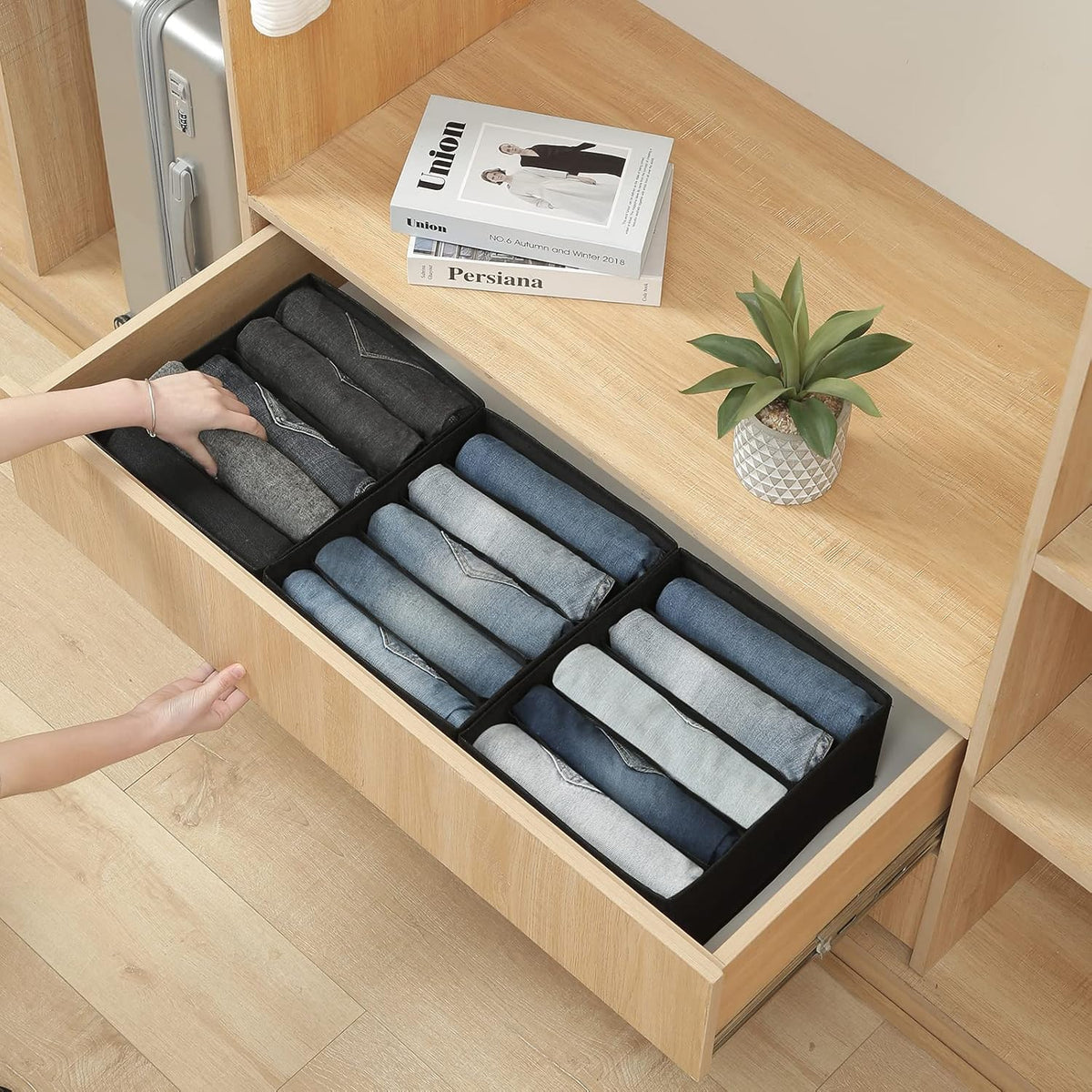 Qozary Jeans Pants Organizer for Closet, 4 Pack Drawer Organizers for Clothing, 5 Grids Wardrobe Clothes Storage, Deep Drawer, for Shirts, Leggings