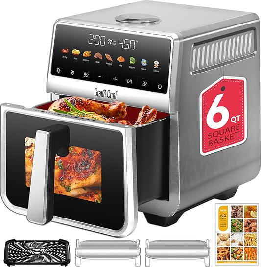 Stainless Steel Air Fryer 6 Qt, Ceramic glaze Air Fryer, Stainless Steel Housing& Full Metal Inner Pot, PTFE and PFAS Free, 9 Digital One-Touch Cook Functions,120°F~450°F, 1700W
