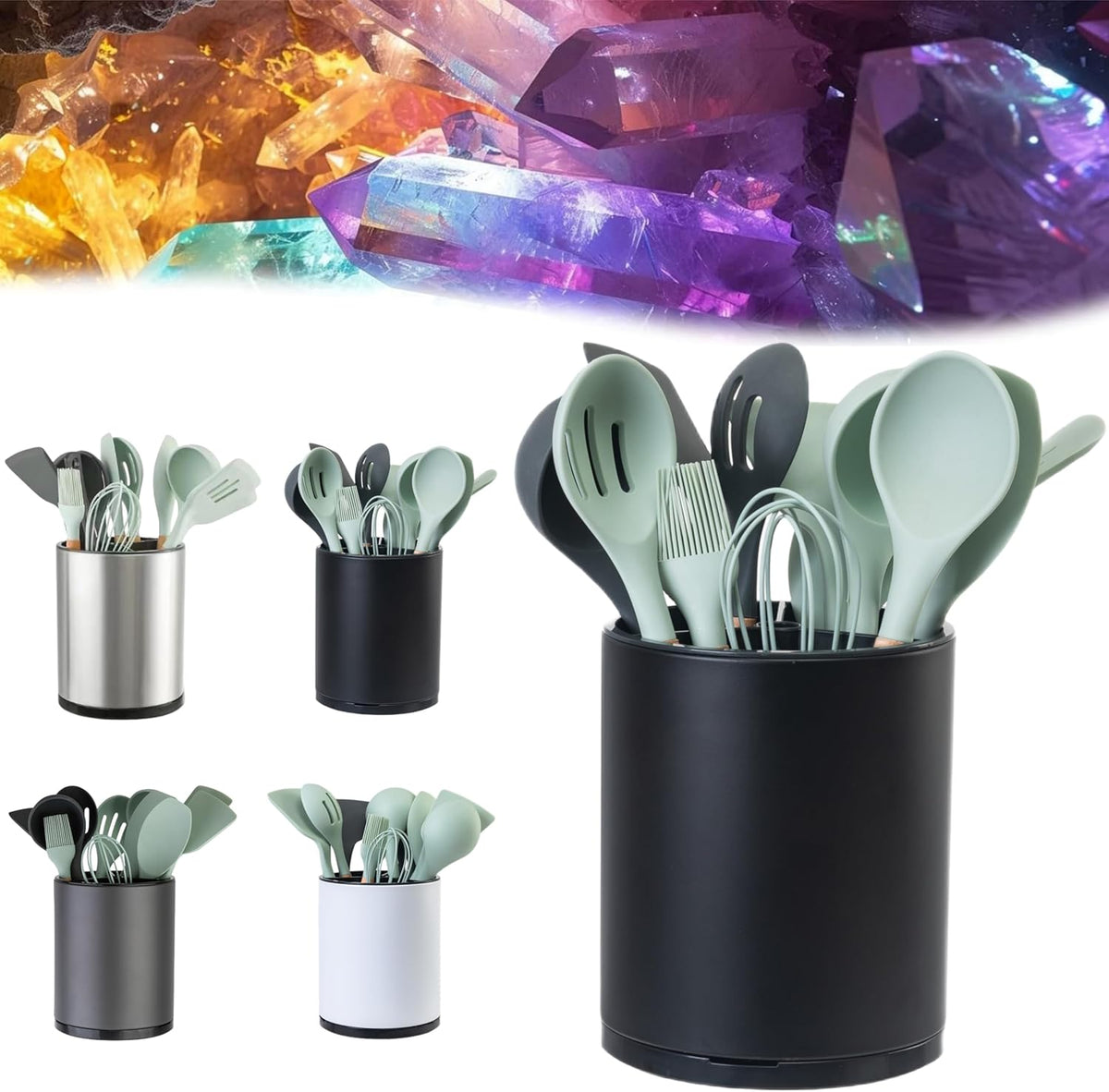 Utensil Holder For Kitchen Counter Organizer Extra Large Silverware Caddy Cooking Utensil Stainless Steel Rotating Kitchen Storage 3 Compartment Flatware Spoon Spatula